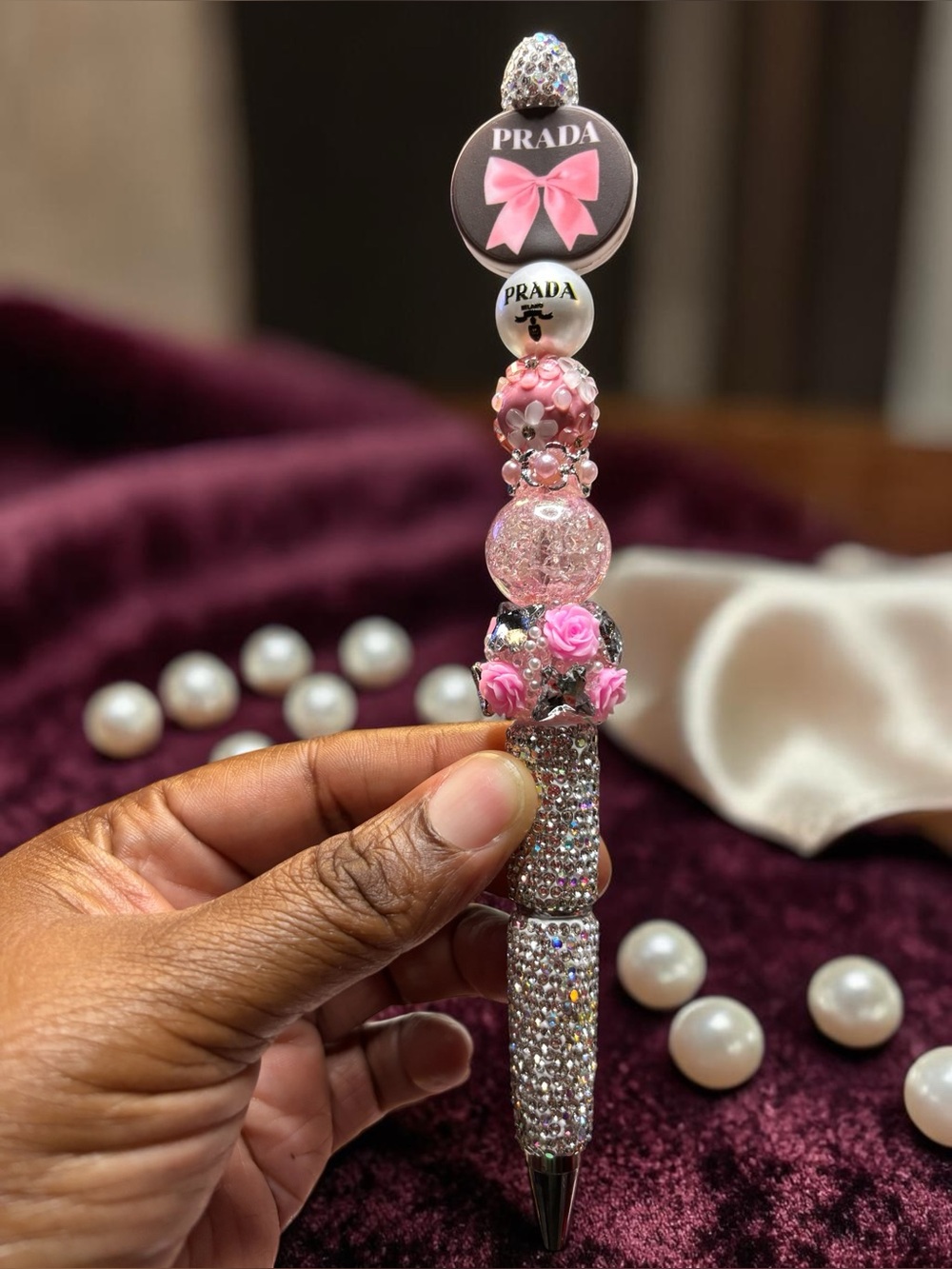 Handcrafted Pink Beaded Rhinestone Pen with Pink Bow